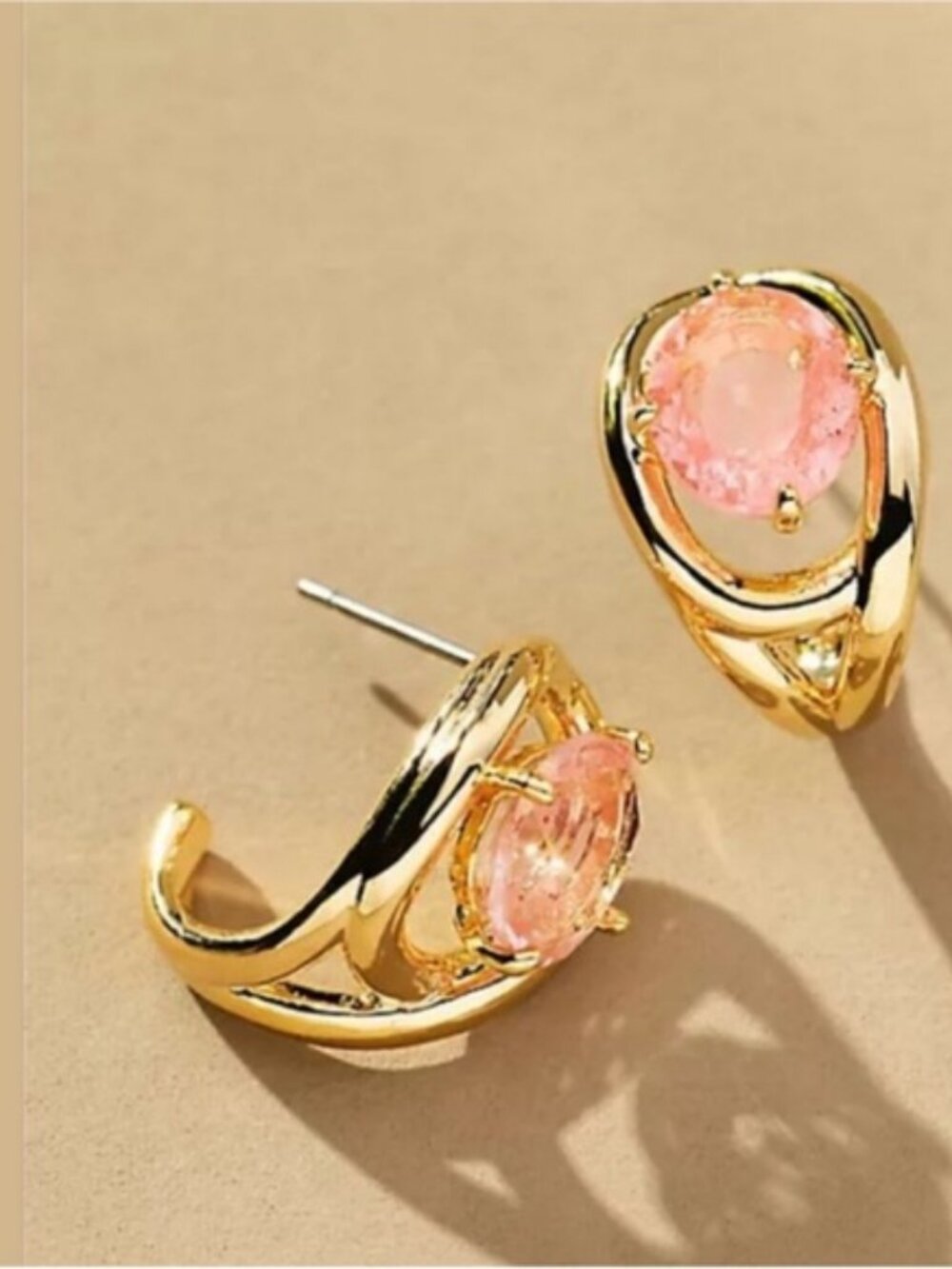 New! Anthropologie 14K Gold Plated Pink Curved Crystal Huggie Earrings NWT